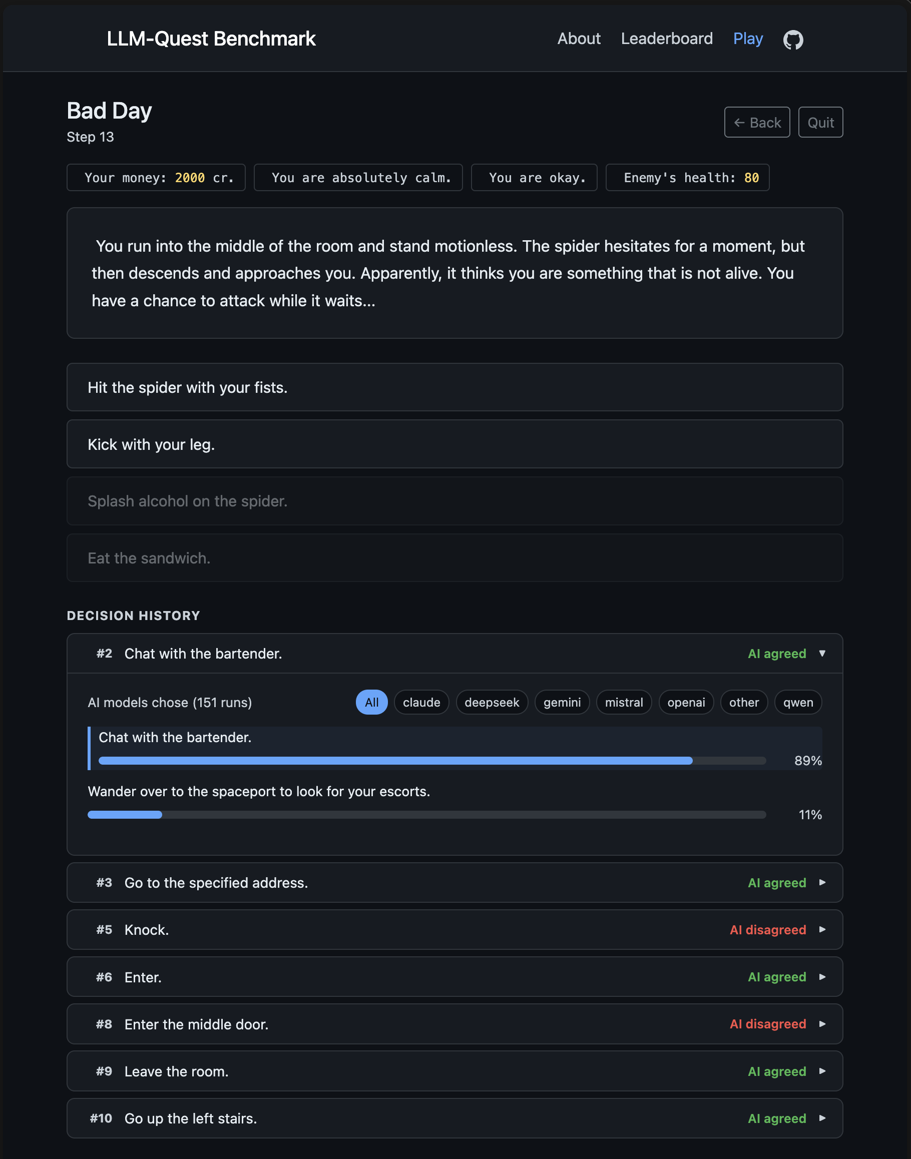LLM-Quest Benchmark Play mode showing Bad Day in progress with decision history and AI cohort comparison